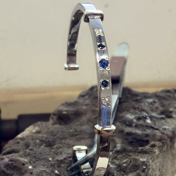 Remodelled jewellery bracelet from Guy Wakeling Jewellery, white gold bangle, sapphire and diamond bangle, white gold, 18ct White gold.